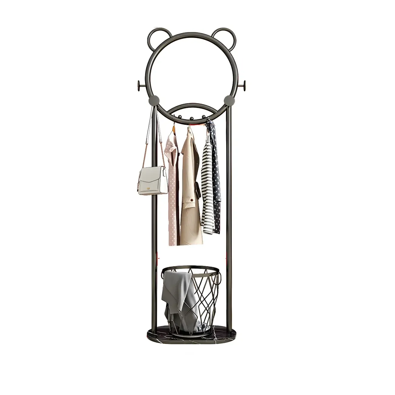 Elegant Metal Coat Rack with Hooks and Basket Image - 7