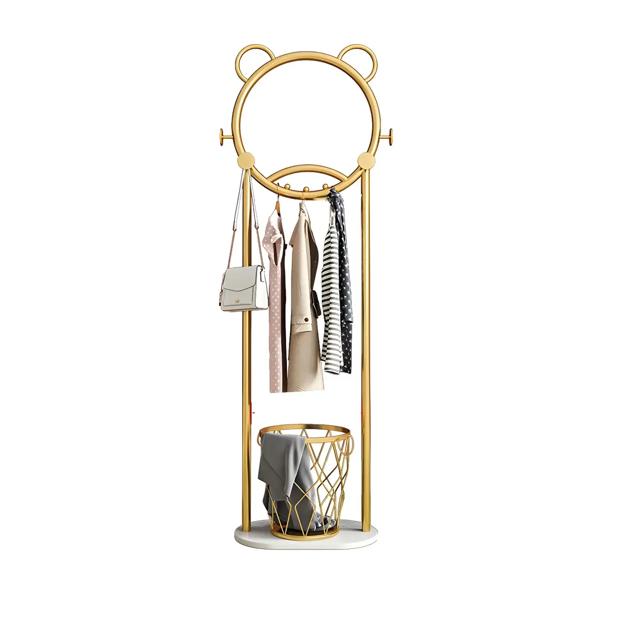 Elegant Metal Coat Rack with Hooks and Basket Image - 9