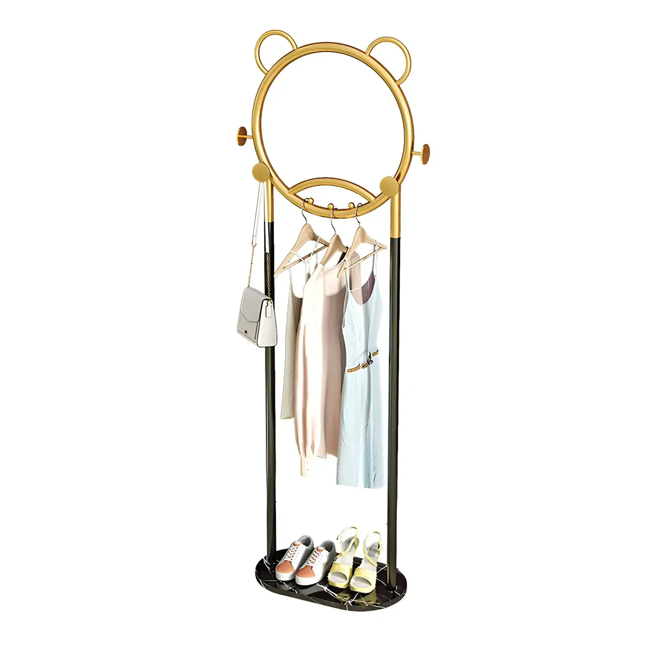Elegant Metal Coat Rack with Hooks and Basket Image - 11