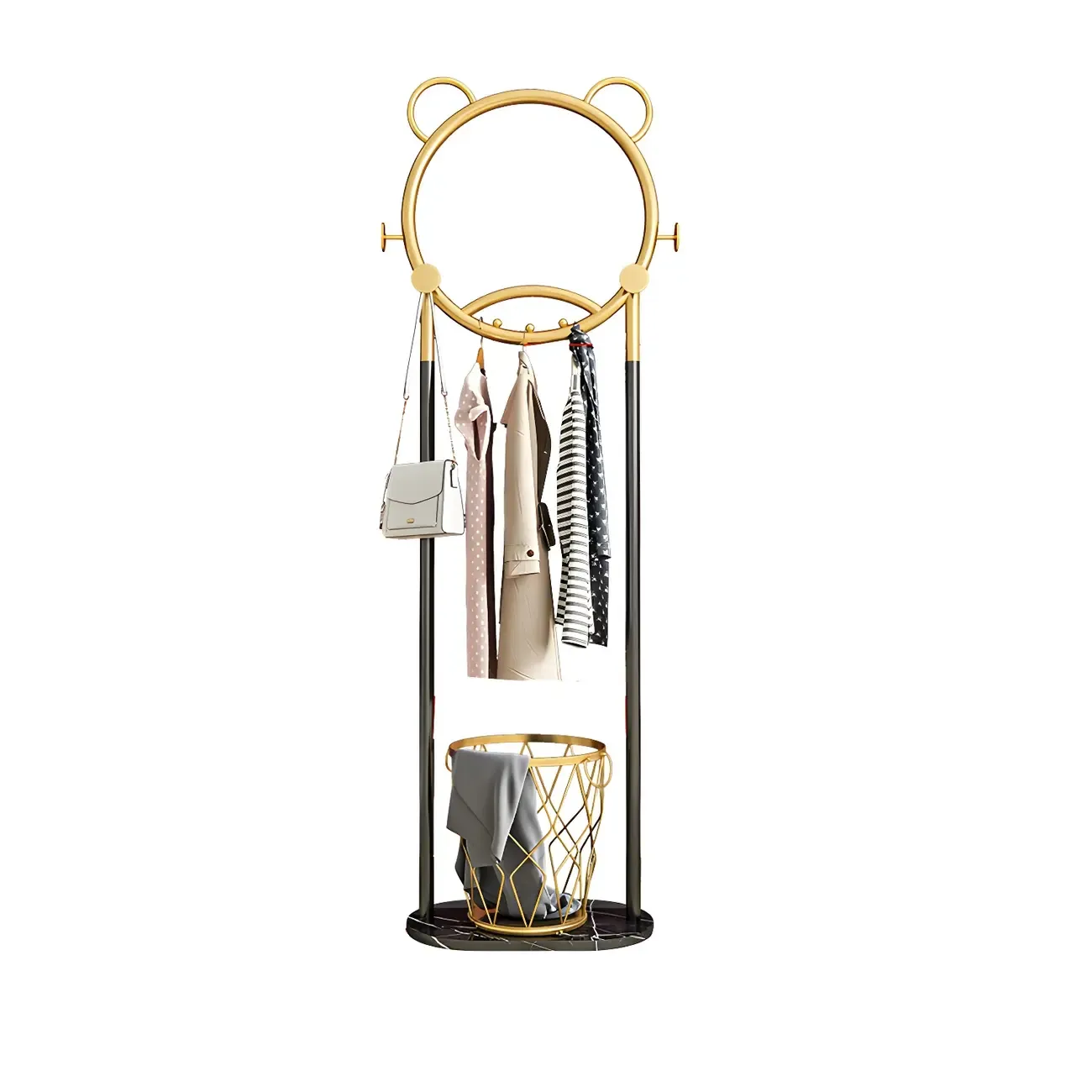 Elegant Metal Coat Rack with Hooks and Basket Image - 13