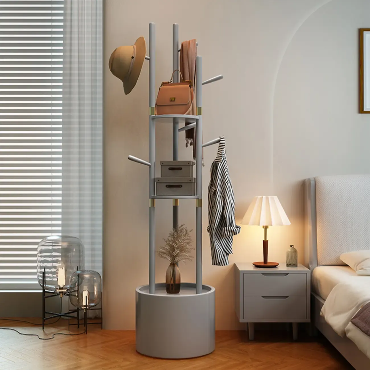 Modern Wooden Coat Rack with Hooks and Drawer Image - 1