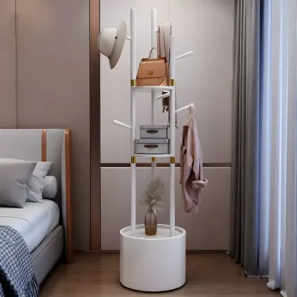 Modern Wooden Coat Rack with Hooks and Drawer Image - 2