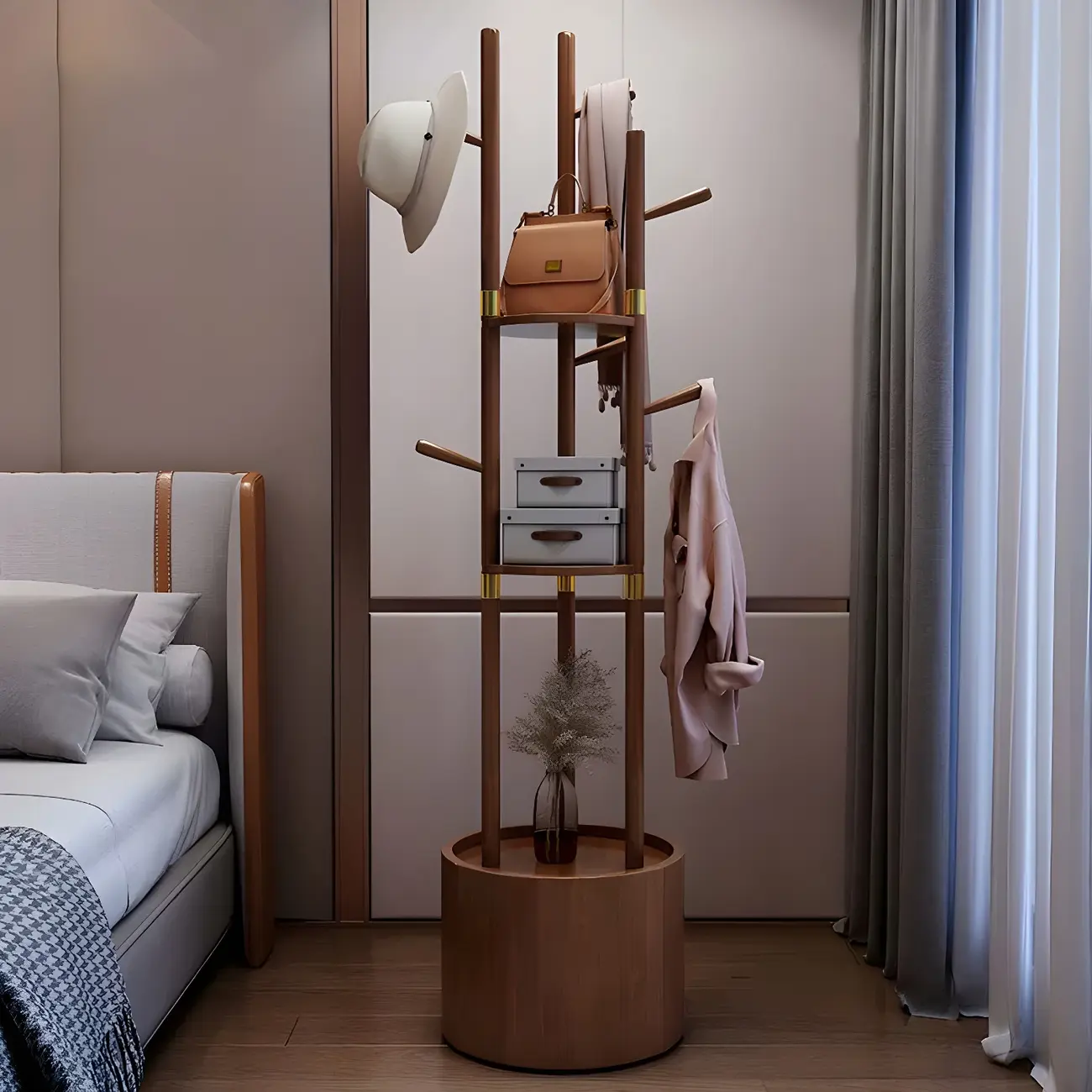 Modern Wooden Coat Rack with Hooks and Drawer Image - 3 | homeyfad