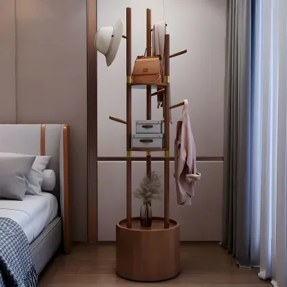 Modern Wooden Coat Rack with Hooks and Drawer Image - 3