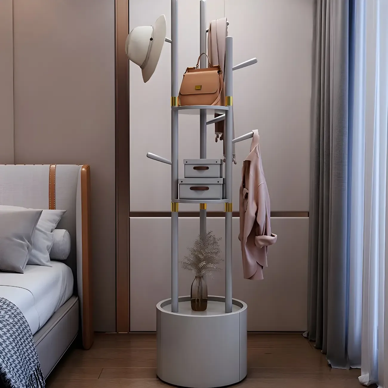 Modern Wooden Coat Rack with Hooks and Drawer Image - 4