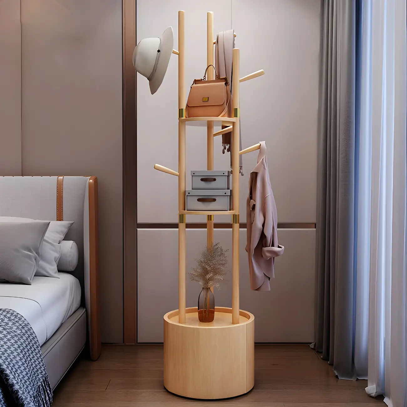 Modern Wooden Coat Rack with Hooks and Drawer Image - 5 | homeyfad