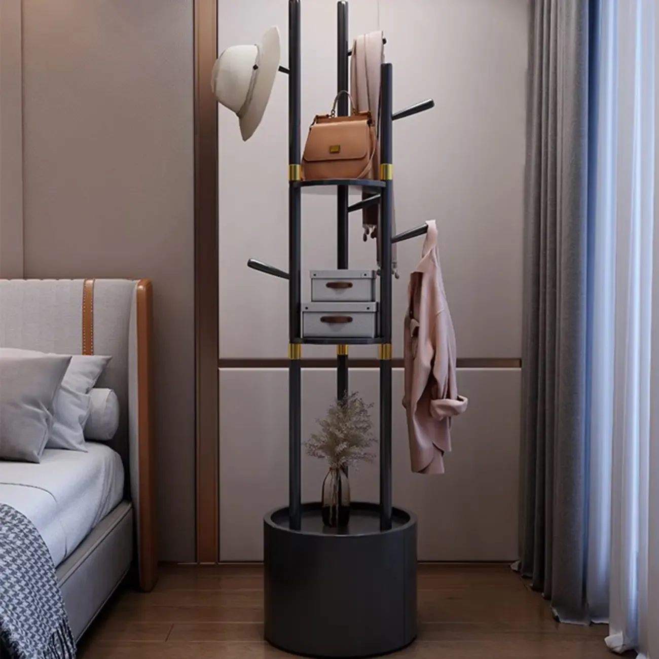 Modern Wooden Coat Rack with Hooks and Drawer Image - 6