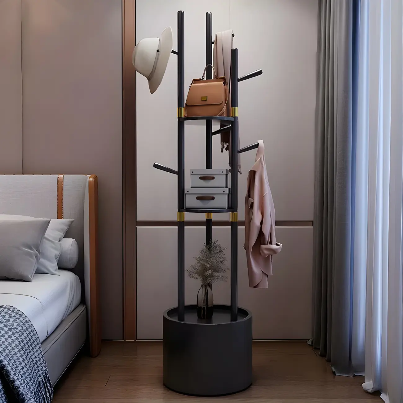 Modern Wooden Coat Rack with Hooks and Drawer Image - 7 | homeyfad