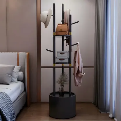Modern Wooden Coat Rack with Hooks and Drawer Image - 7