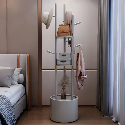 Modern Wooden Coat Rack with Hooks and Drawer Image - 9
