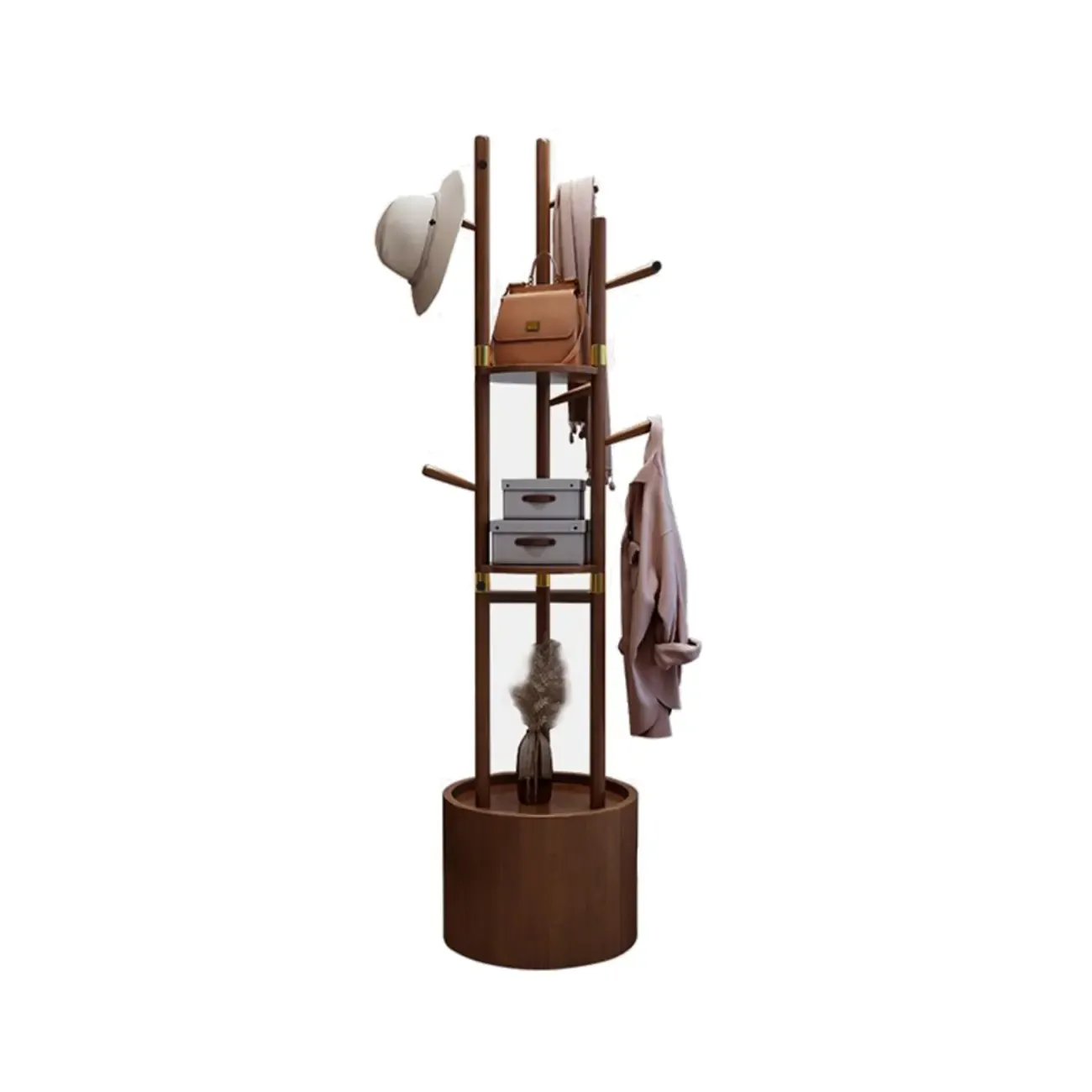 Modern Wooden Coat Rack with Hooks and Drawer Image - 10