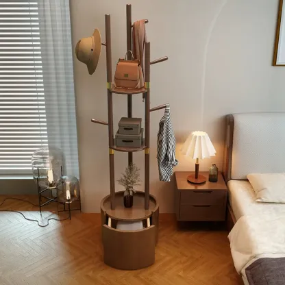 Modern Wooden Coat Rack with Hooks and Drawer Image - 11
