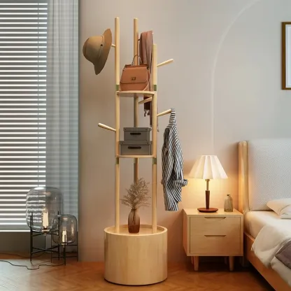 Modern Wooden Coat Rack with Hooks and Drawer Image - 12