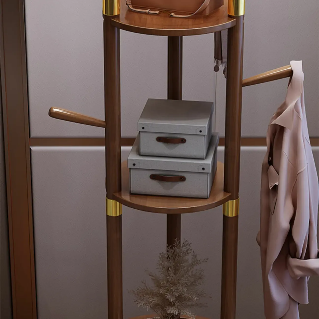 Modern Wooden Coat Rack with Hooks and Drawer Image - 13