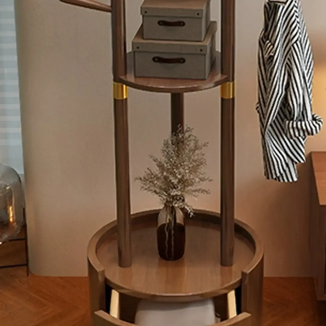 Modern Wooden Coat Rack with Hooks and Drawer Image - 16