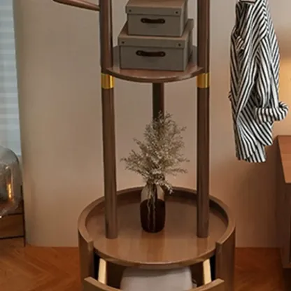 Modern Wooden Coat Rack with Hooks and Drawer Image - 16