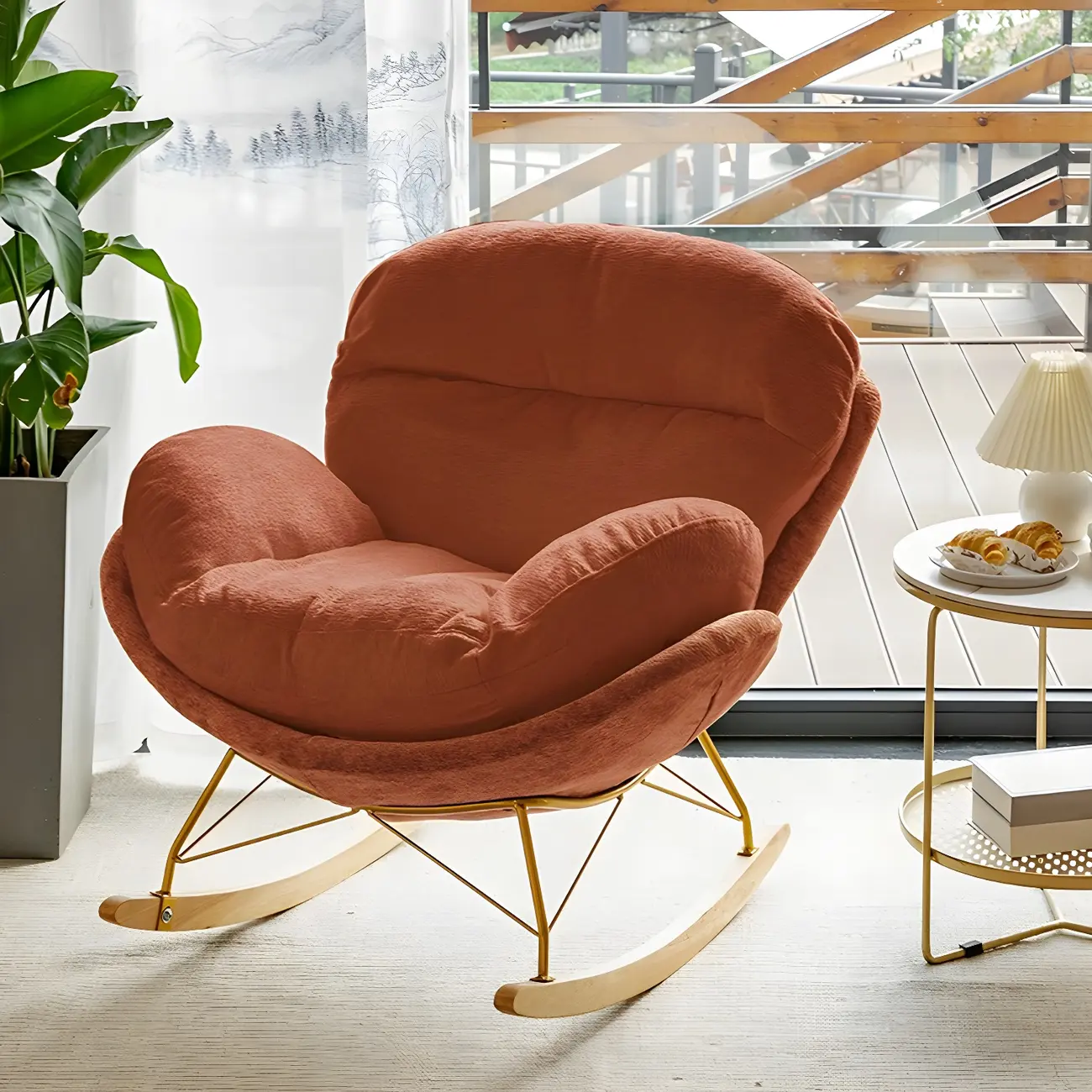 Modern Velvet Upholstered Rocking Chair with Wood Legs Image - 2 | homeyfad
