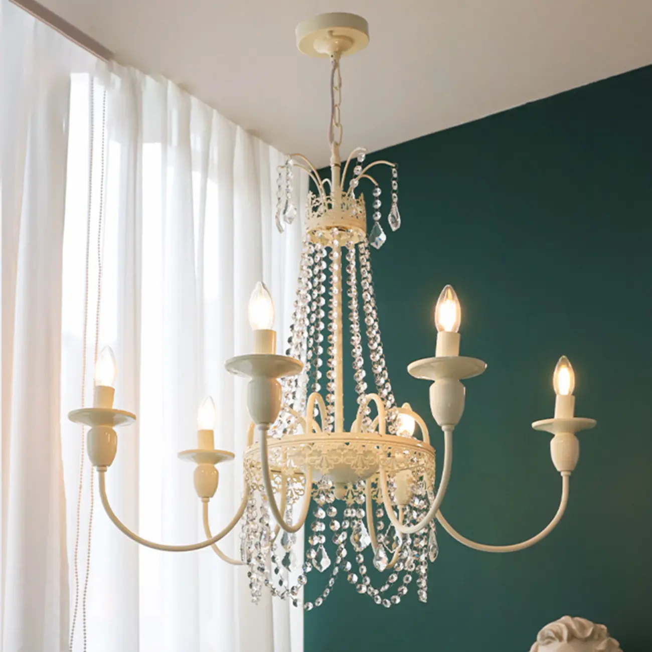 Adjustable White Geometric Chandelier with Crystal Pendant Image - 1 | homeyfad