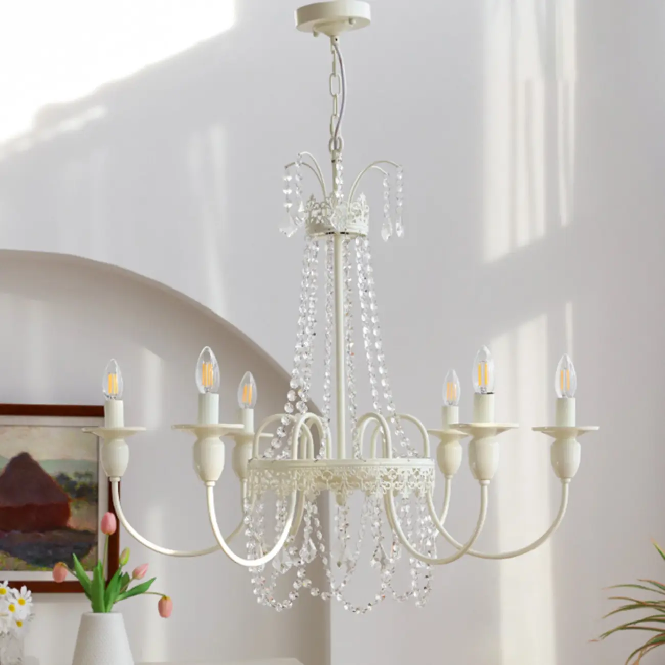 Adjustable White Geometric Chandelier with Crystal Pendant Image - 2 | homeyfad