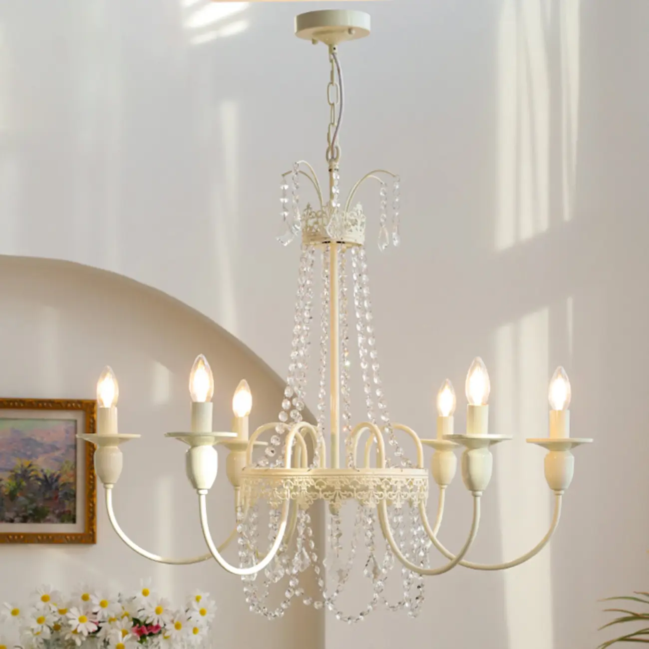 Adjustable White Geometric Chandelier with Crystal Pendant Image - 4 | homeyfad