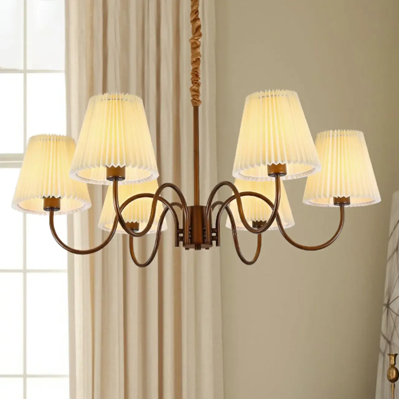 Adjustable Brown Chandelier with Fabric Lampshade Image - 2