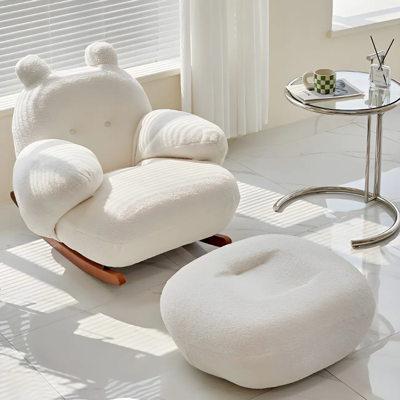 Cute Upholstered White Rocking Chair with Ottoman for Indoor Image - 1 | homeyfad