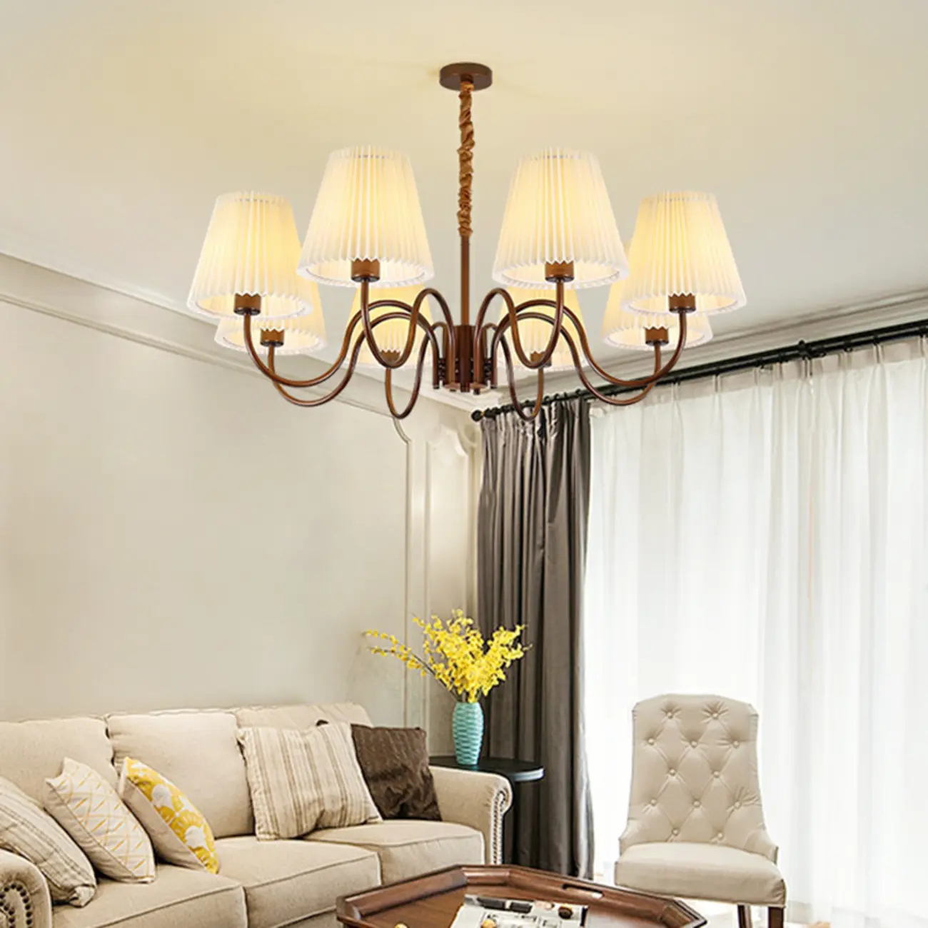 Adjustable Brown Chandelier with Fabric Lampshade Image - 3 | homeyfad