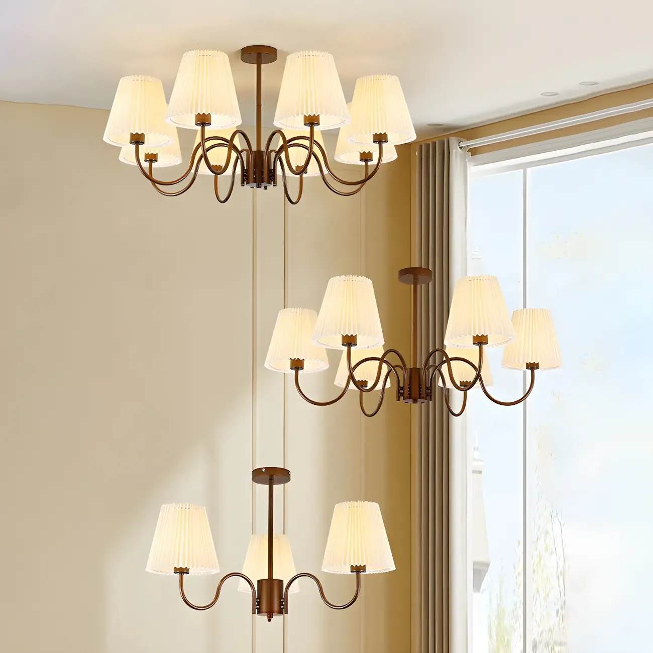 Adjustable Brown Chandelier with Fabric Lampshade Image - 4