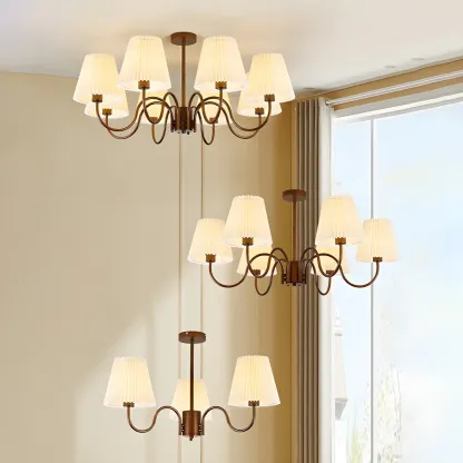 Adjustable Brown Chandelier with Fabric Lampshade Image - 4