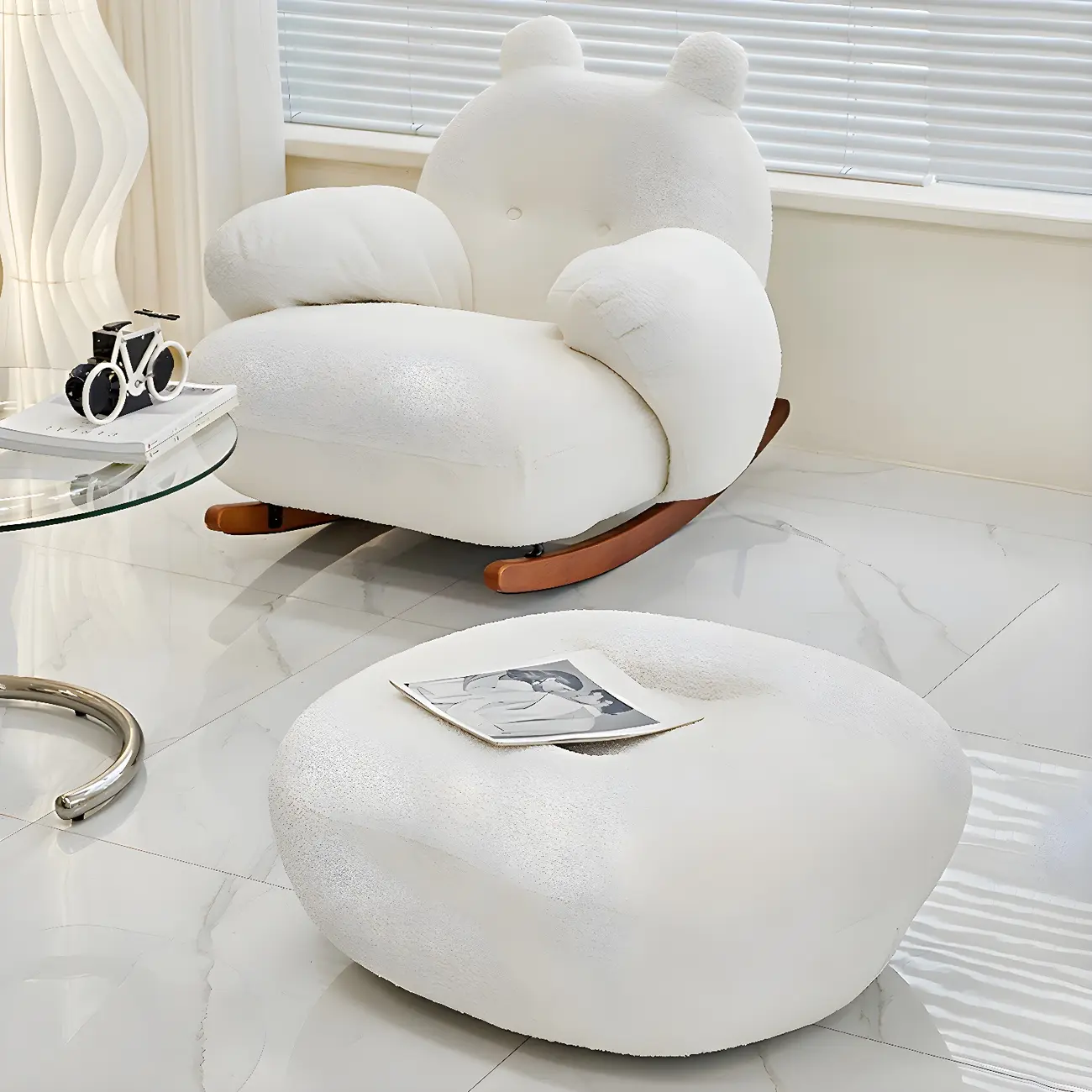 Cute Upholstered White Rocking Chair with Ottoman for Indoor Image - 3 | homeyfad