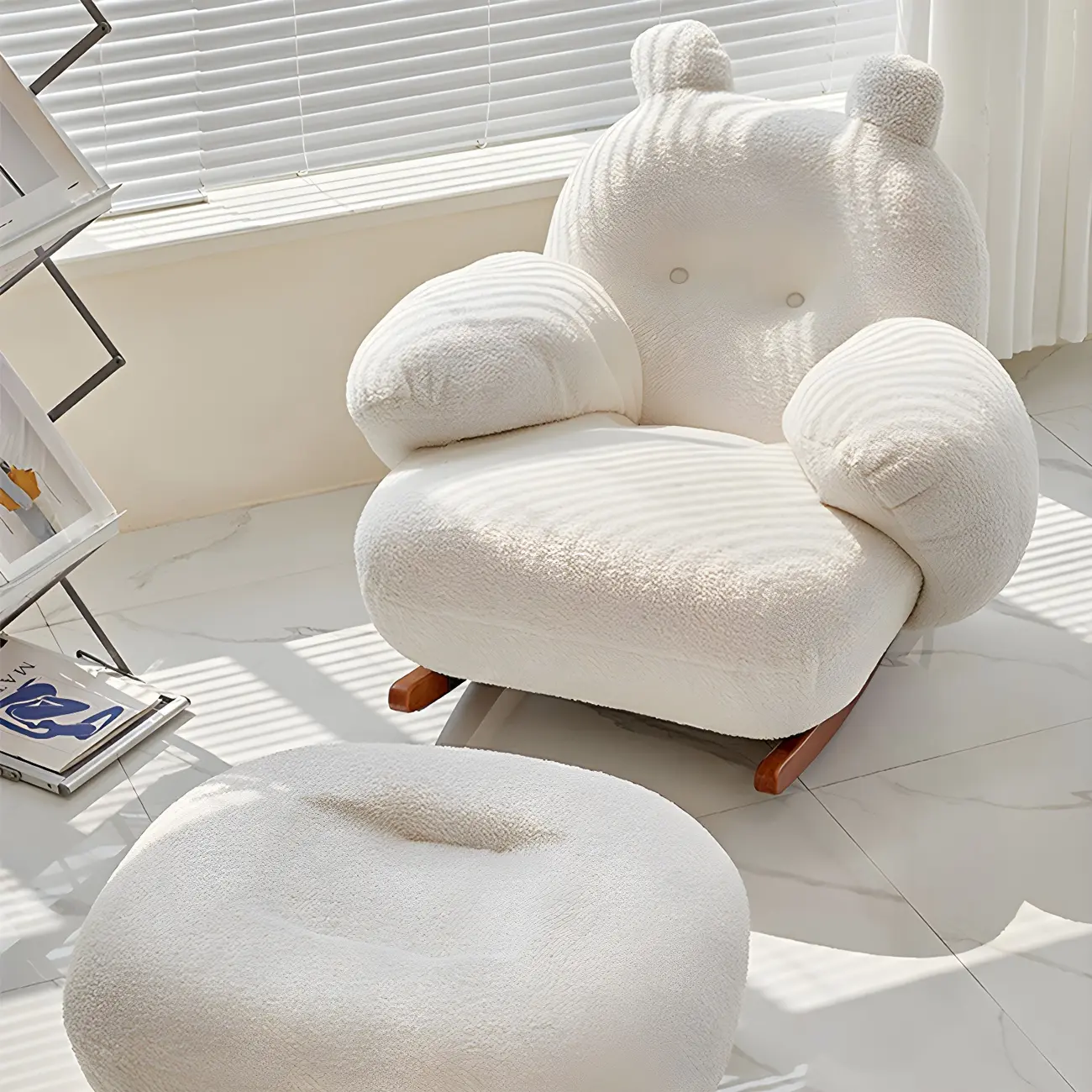 Cute Upholstered White Rocking Chair with Ottoman for Indoor Image - 4 | homeyfad