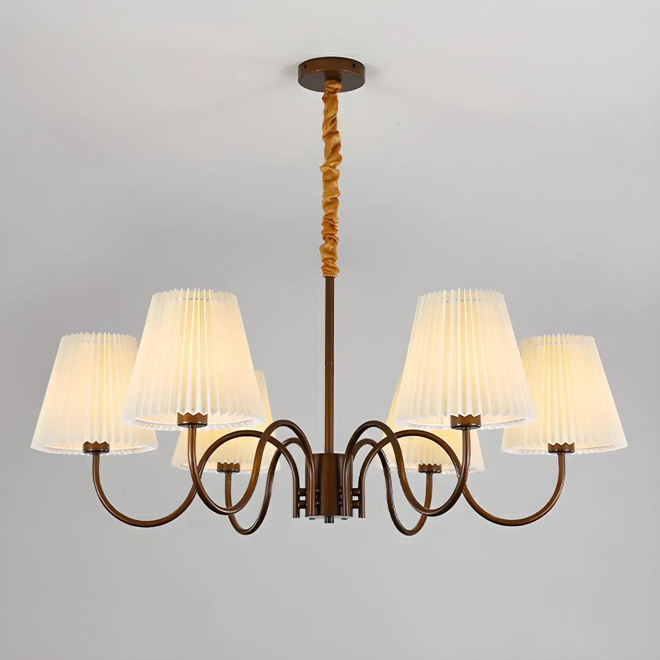Adjustable Brown Chandelier with Fabric Lampshade Image - 8