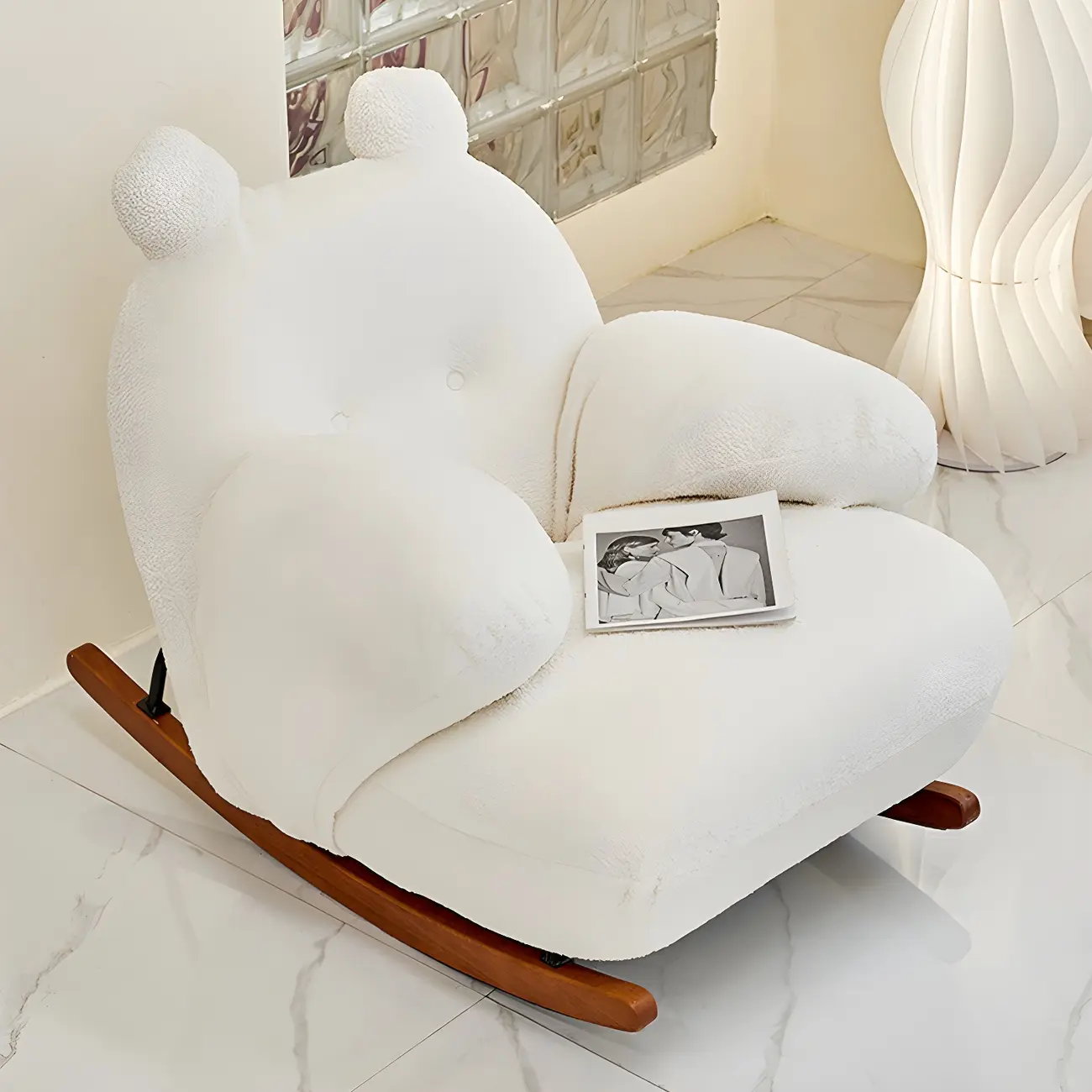 Cute Upholstered White Rocking Chair with Ottoman for Indoor Image - 5 | homeyfad