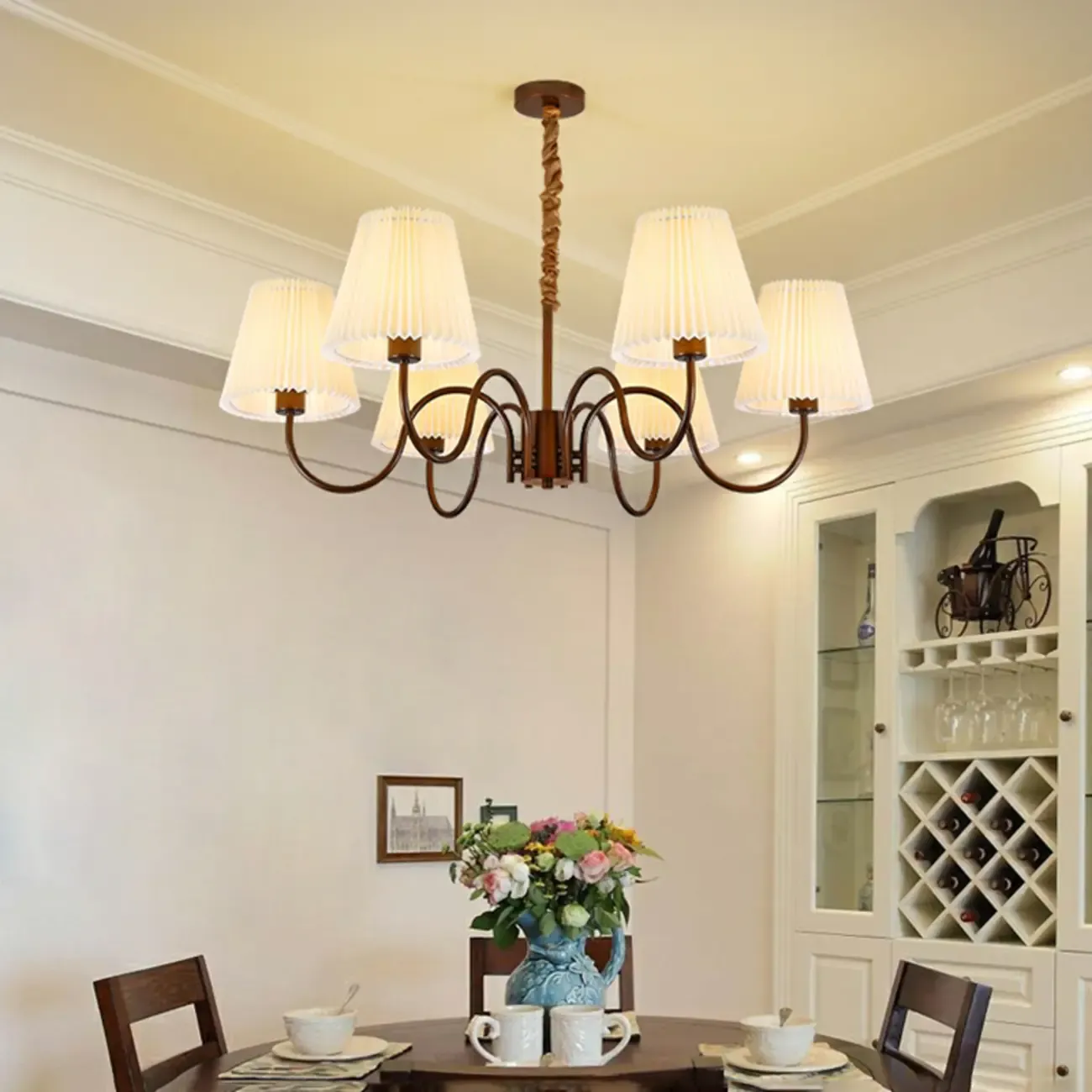 Adjustable Brown Chandelier with Fabric Lampshade Image - 9