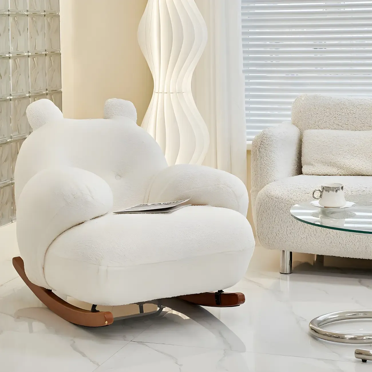 Cute Upholstered White Rocking Chair with Ottoman for Indoor Image - 6