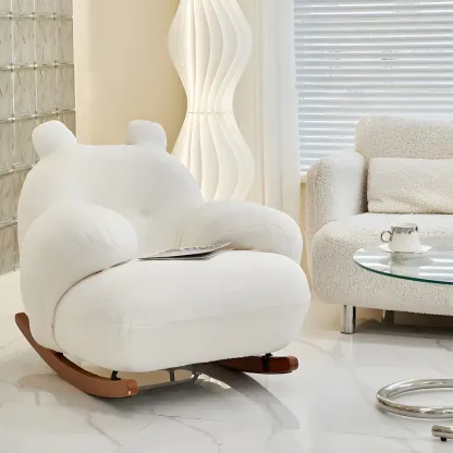 Cute Upholstered White Rocking Chair with Ottoman for Indoor Image - 6