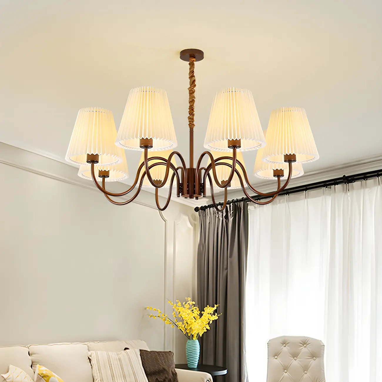 Adjustable Brown Chandelier with Fabric Lampshade Image - 10 | homeyfad