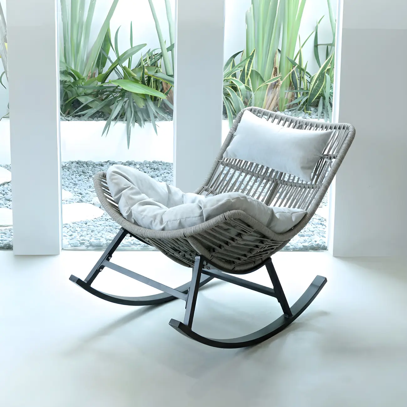 Coastal Grey Upholstery Metal Armless Rocking Chair for Porch Image - 1 | homeyfad