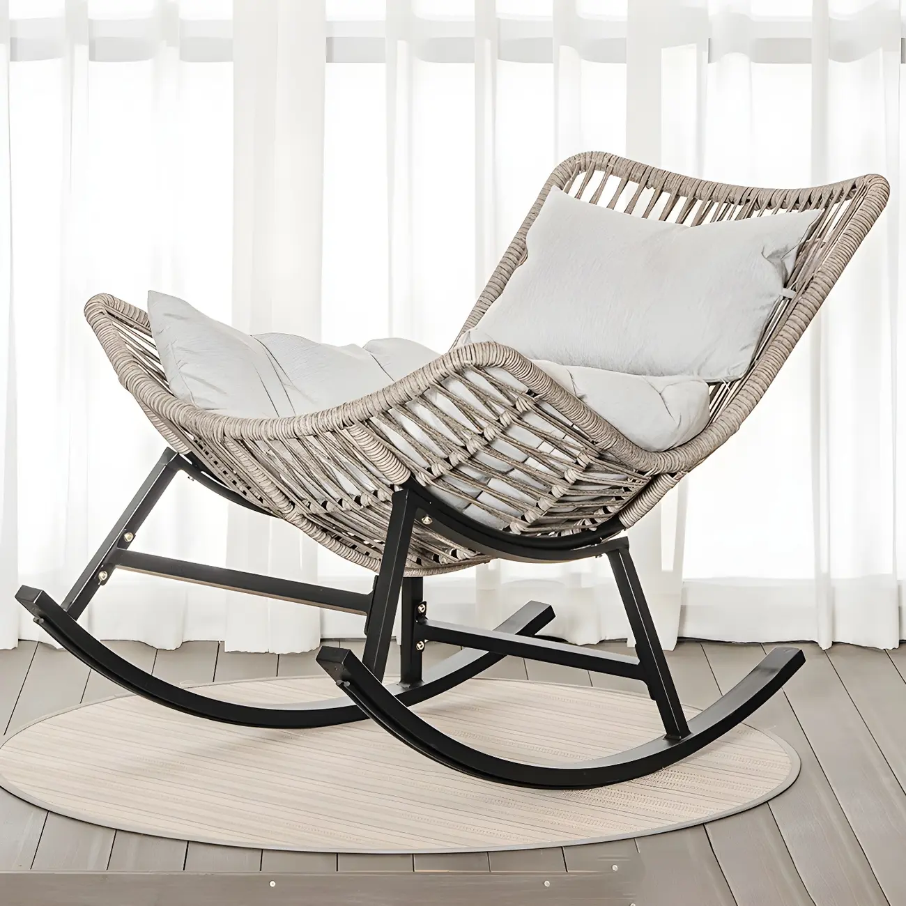 Coastal Grey Upholstery Metal Armless Rocking Chair for Porch Image - 2 | homeyfad