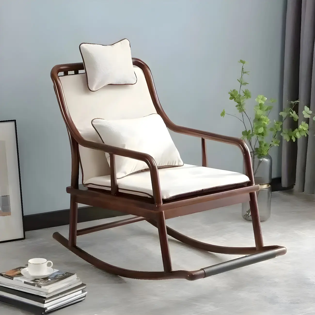 Mid Century Modern Wood Upholstered Rocking Chair with Pillow Image - 1 | homeyfad