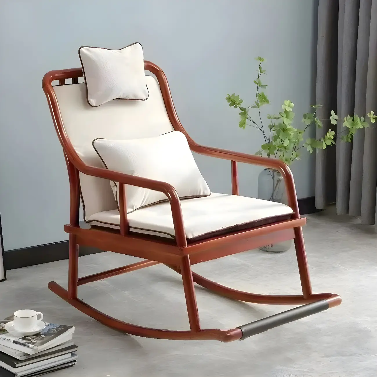 Mid Century Modern Wood Upholstered Rocking Chair with Pillow Image - 2 | homeyfad