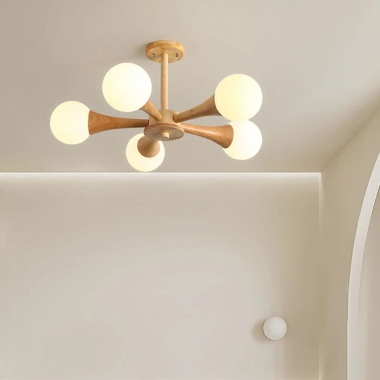 Elegant Wood Flush Mount Chandelier with 5 Lights for Bedroom Image - 2 | homeyfad