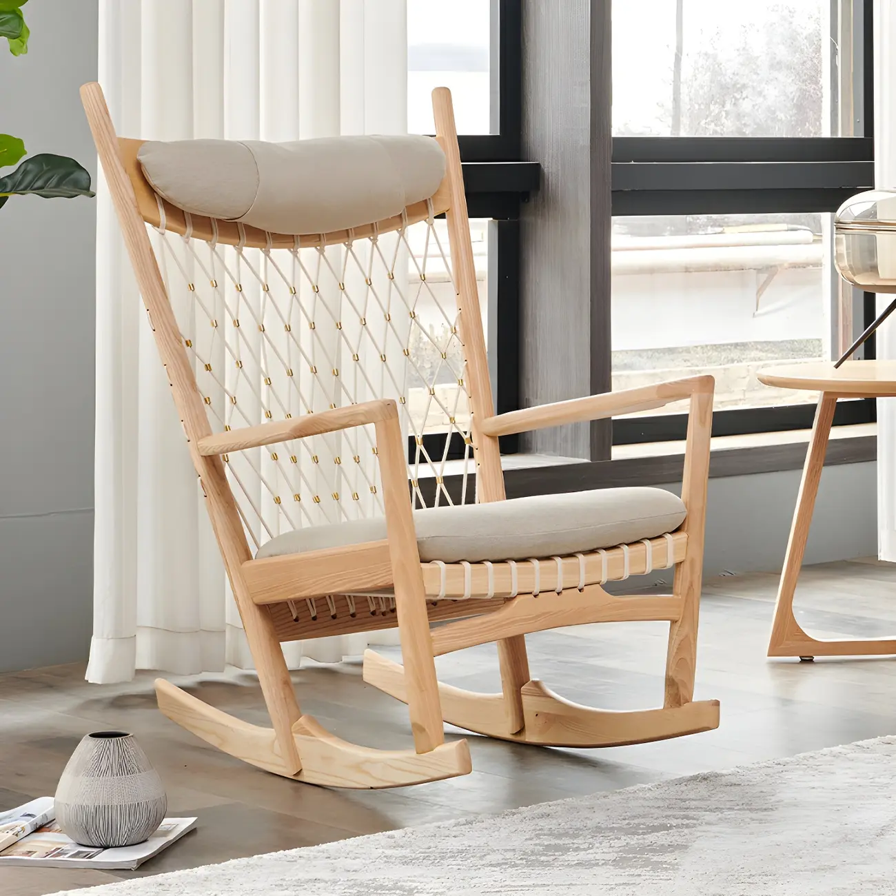 Natural Wood Upholstered Grey Rocking Chair with Pillow for Indoor Image - 1 | homeyfad