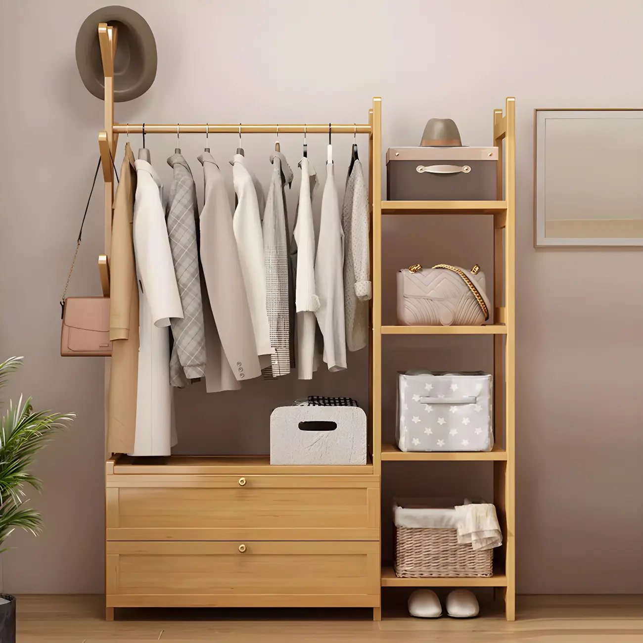 Scandinavian Wooden Hall Tree with Hooks & Shelves Image - 1 | homeyfad