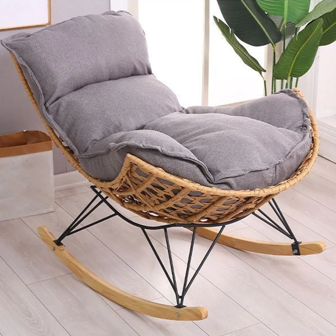 Natural Wicker Rattan Wood Rocking Chair with Cushion Image - 1 | homeyfad