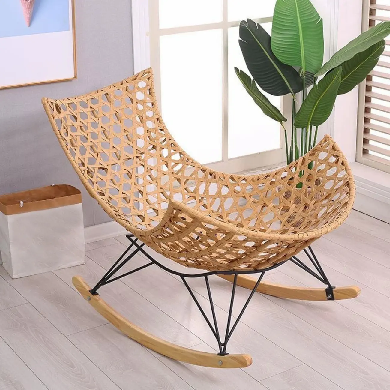 Natural Wicker Rattan Wood Rocking Chair with Cushion Image - 2 | homeyfad