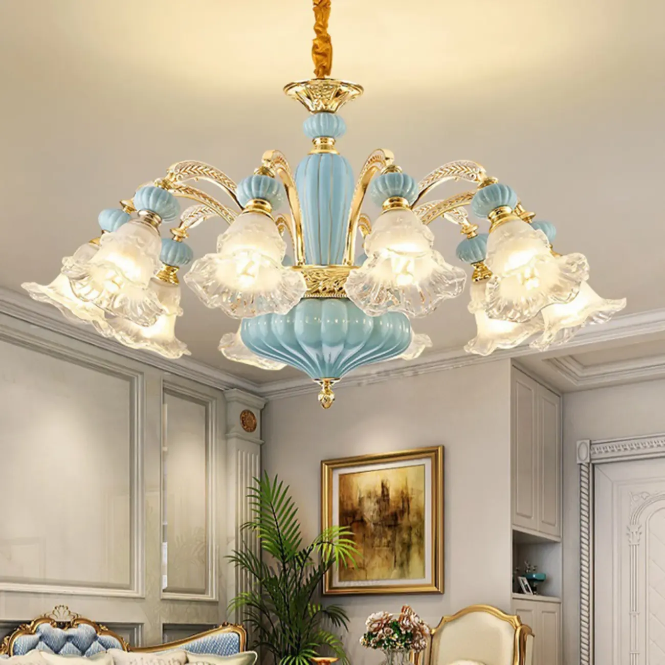 Retro Blue Glass Floral Chandelier with Adjustable Rod Image - 1