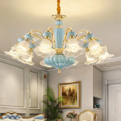 Retro Blue Glass Floral Chandelier with Adjustable Rod Image - 1