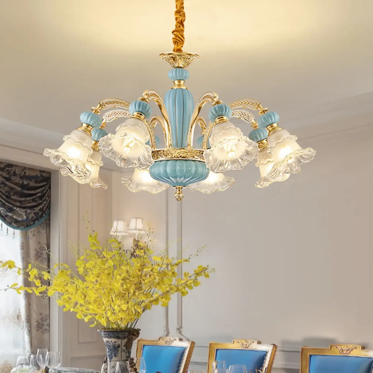 Retro Blue Glass Floral Chandelier with Adjustable Rod Image - 2
