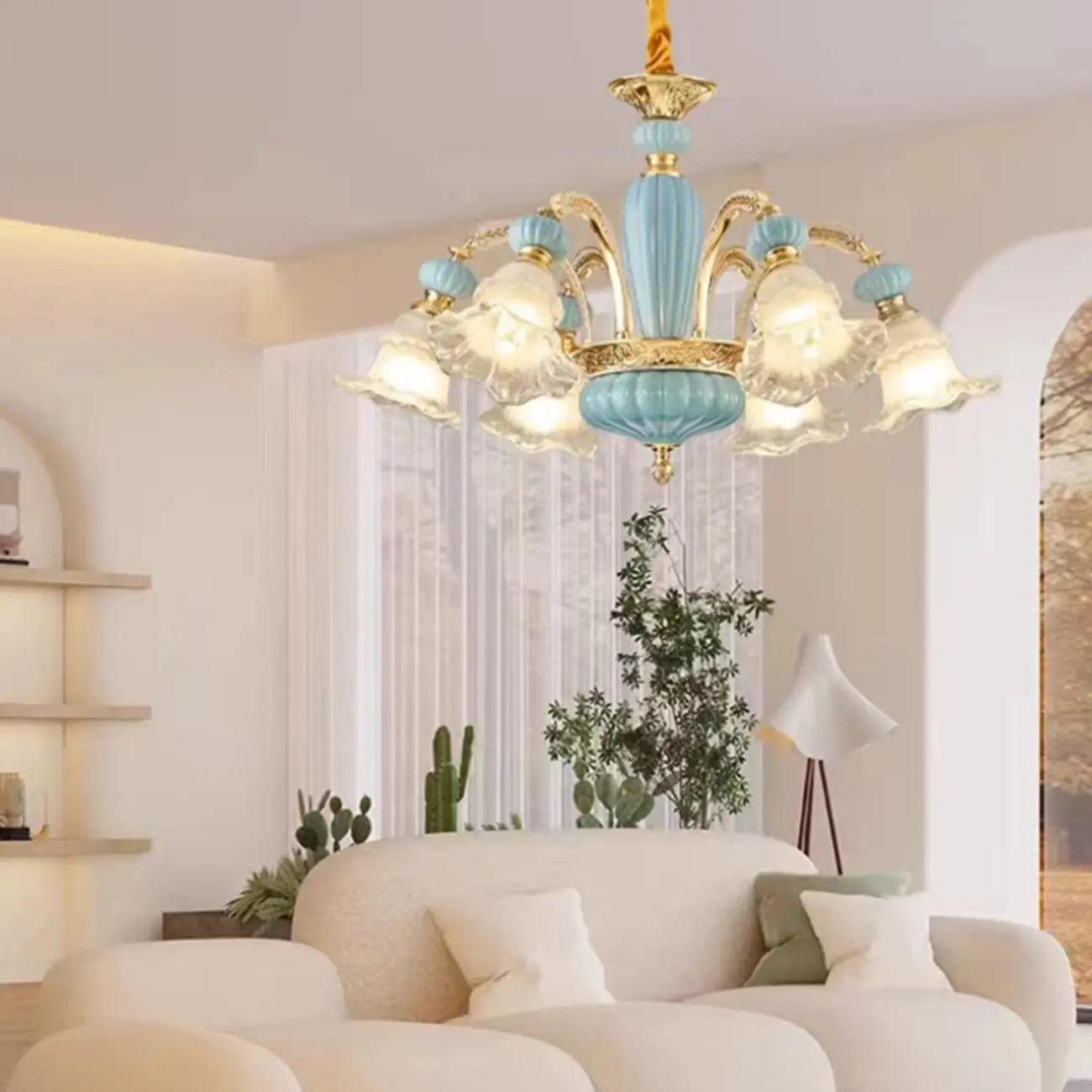 Retro Blue Glass Floral Chandelier with Adjustable Rod Image - 3 | homeyfad